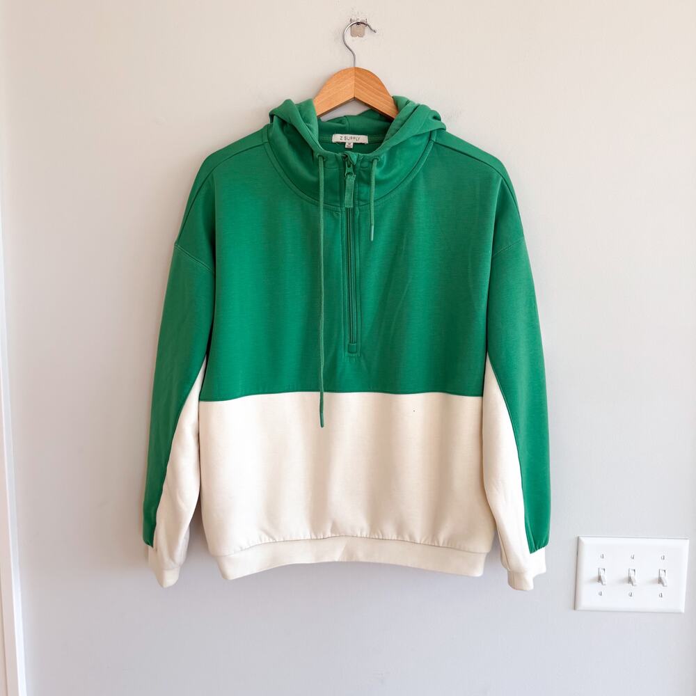 Z Supply Colorblock Half Zip Adjustable Drawstring Hoodie Jacket Green White M - Picture 1 of 7